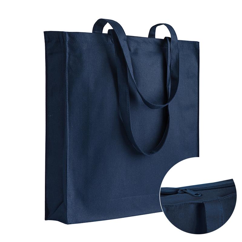 shopper in cotone blu navy con soffietti chiusura zip e manici cotone