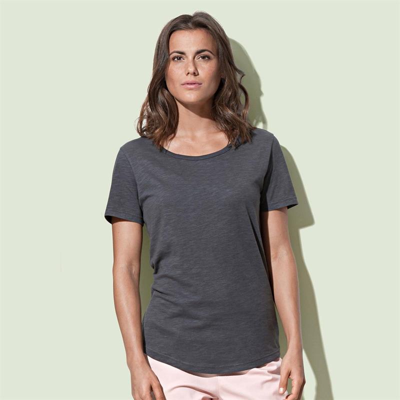 t-shirt da donna in cotone filato grigio con girocollo