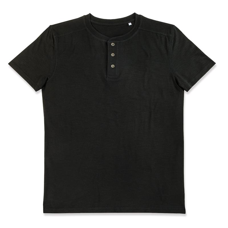 t-shirt da uomo in cotone nero a collo rotondo con bottoni