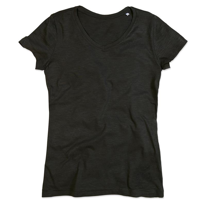 t-shirt da donna in cotone nero con collo a v