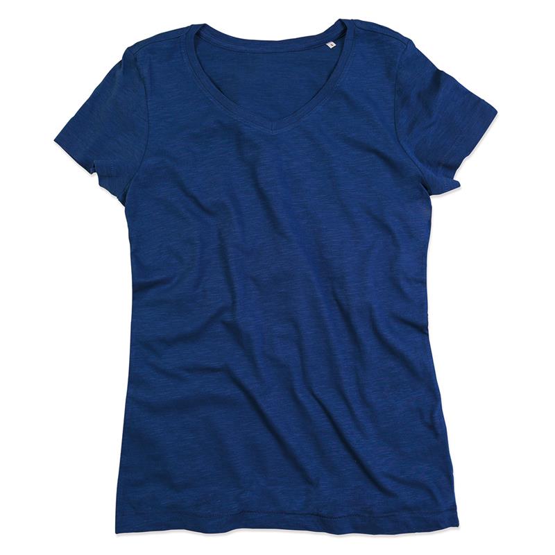 t-shirt da donna in cotone blu con collo a v
