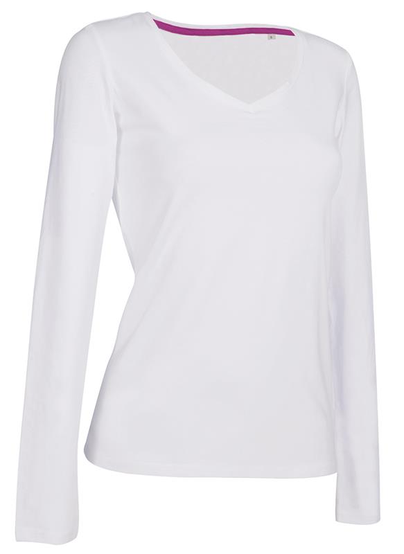 t-shirt da donna con collo a v in cotton-elastan maniche lunghe